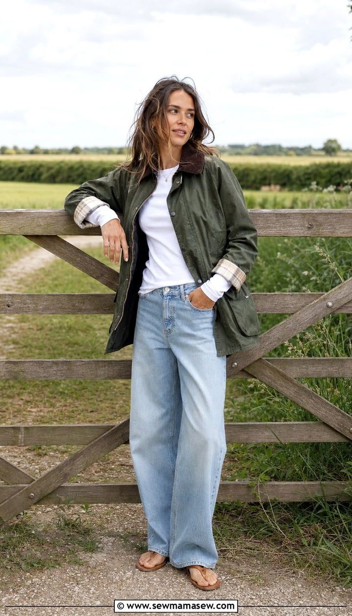 Wax Jacket with Wide Leg Jeans and Sandals - 30 windy day outfits for women