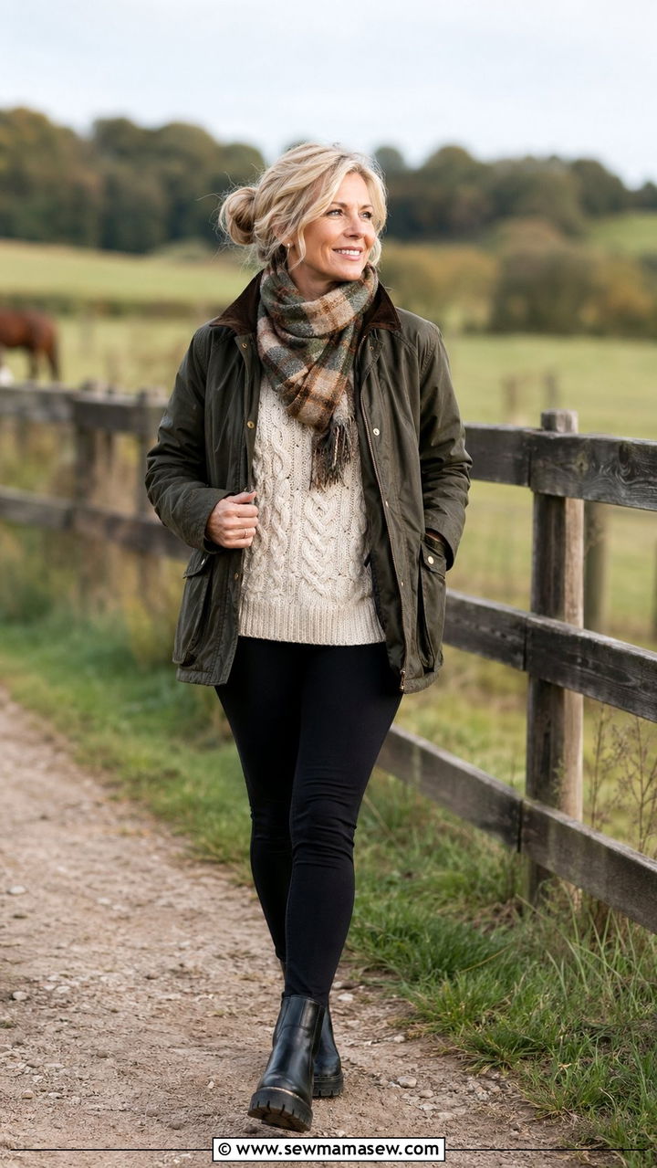 Waxed Barn Jacket With a Chunky Knit and Leggings - 30 Best jackets for women over 50
