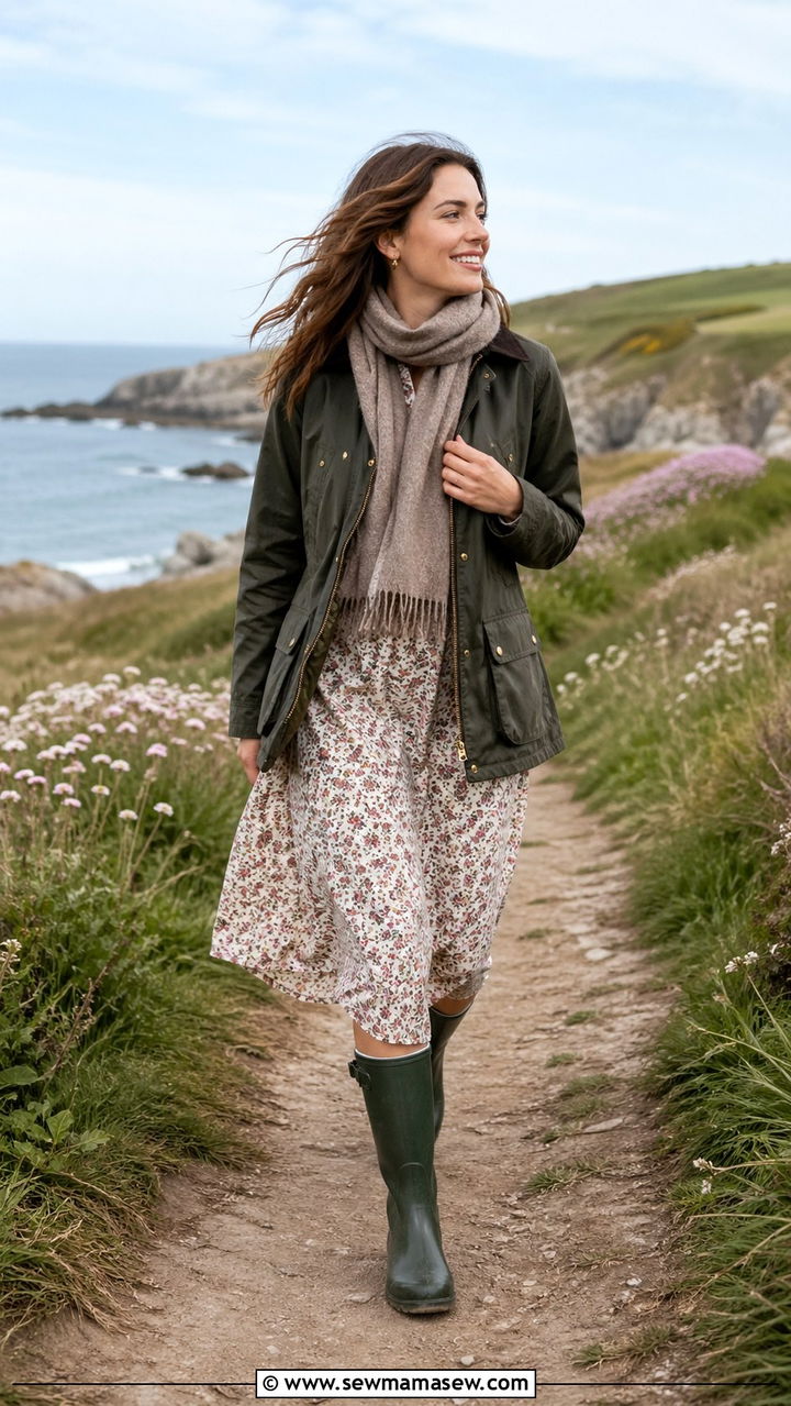 Waxed Jacket With Floral Dress And Rain Boots - 30 Spring countryside outfits