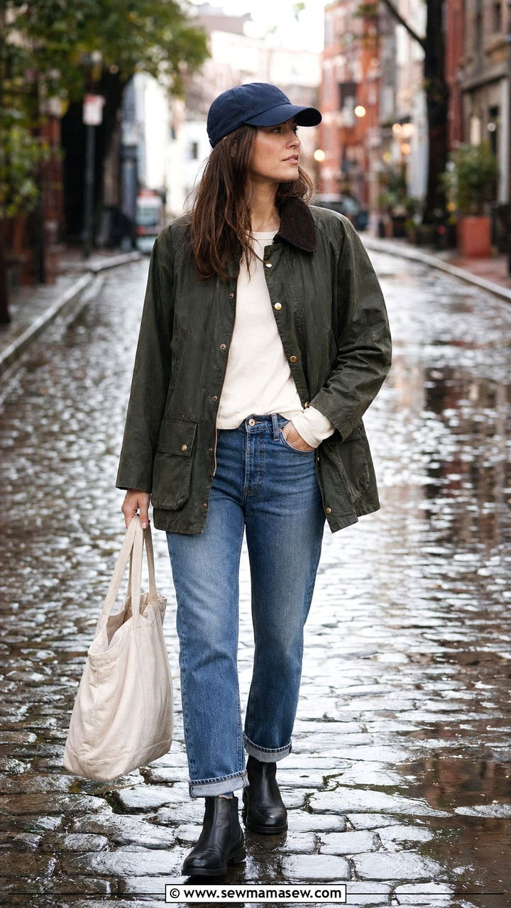 Waxed jacket with straight leg jeans and baseball cap - 35 rainy day outfits for women