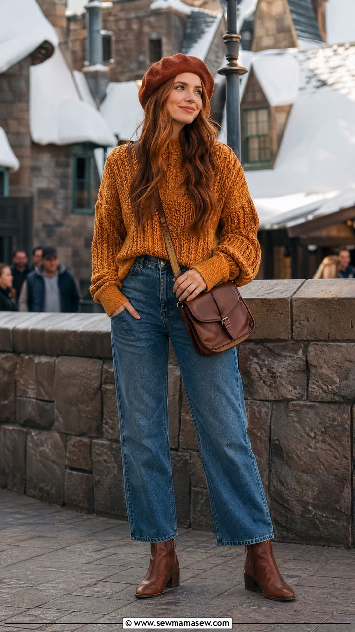 Weasley Inspired Striped Sweater With Straight Leg Jeans And Boots - 35 Universal Studios outfit ideas