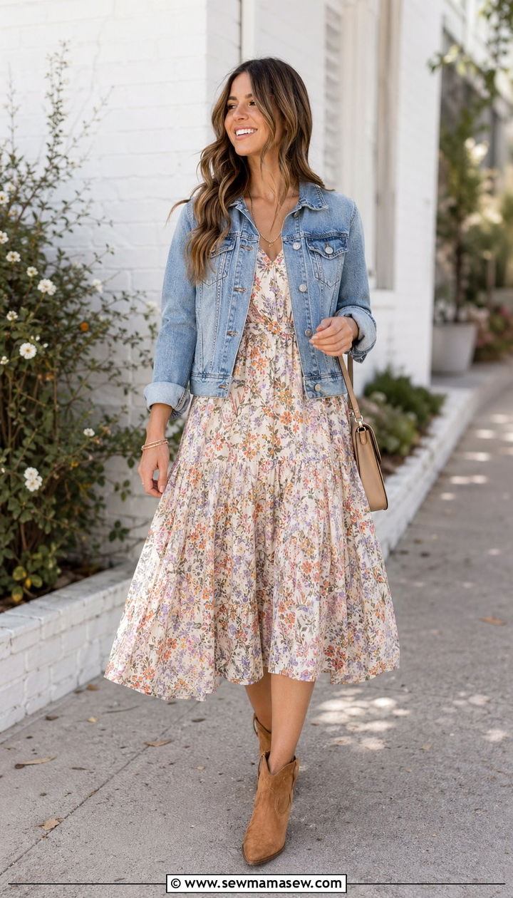 Western Ankle Boots with a Floral Midi Dress - 30 Ankle boots outfit ideas with a dress
