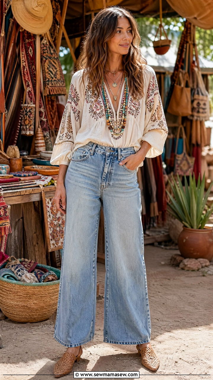 Western Boho Blouse With Wide Leg Jeans Outfit - 35 spring to summer outfits