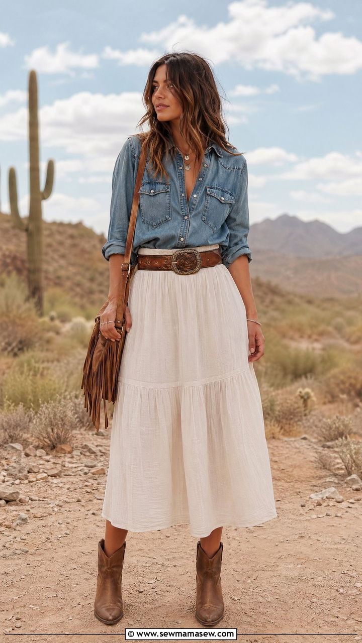 Western Denim Shirt with Gauze Midi Skirt - 35 Summer transition outfits for women