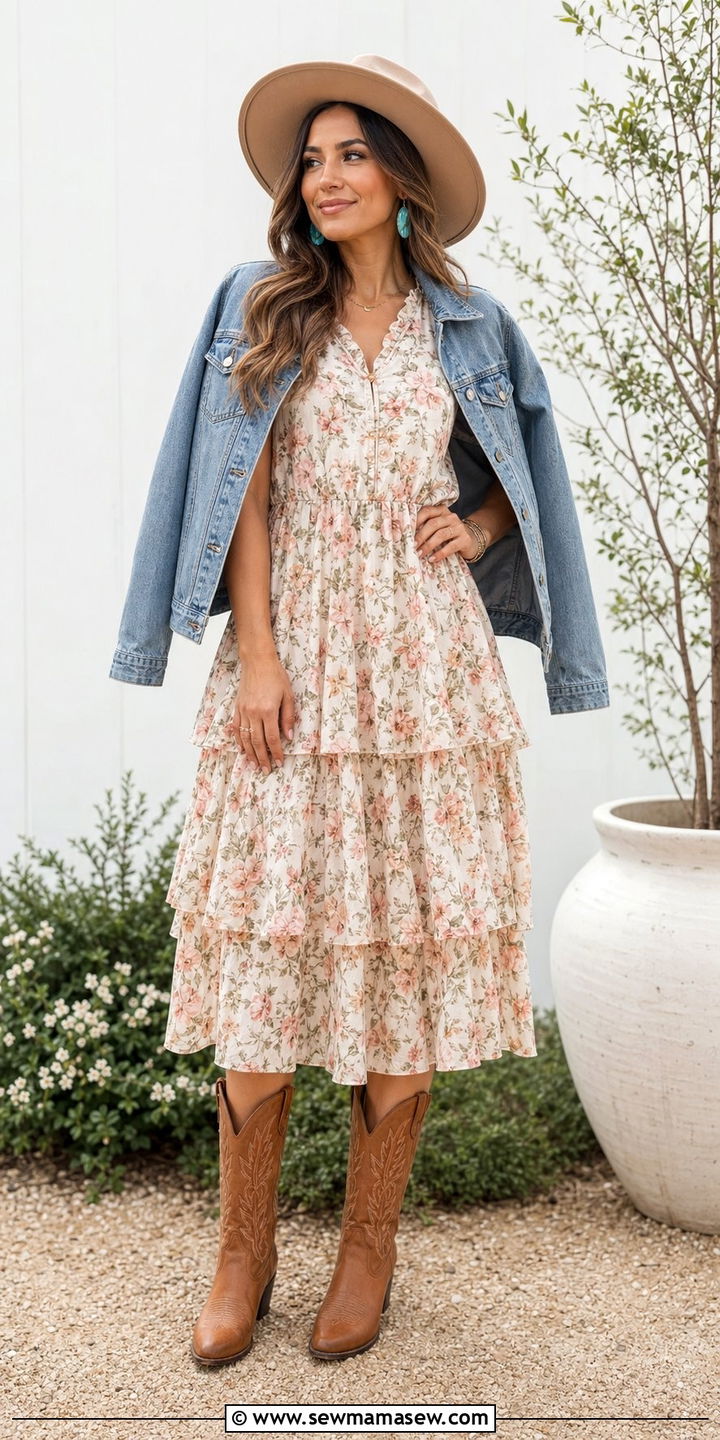 Western Midi Dress With Cowboy Boots - 30 western capsule wardrobe outfits
