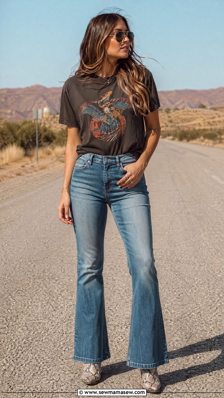Western graphic tee and bell bottom jeans - 35 Country outfit ideas