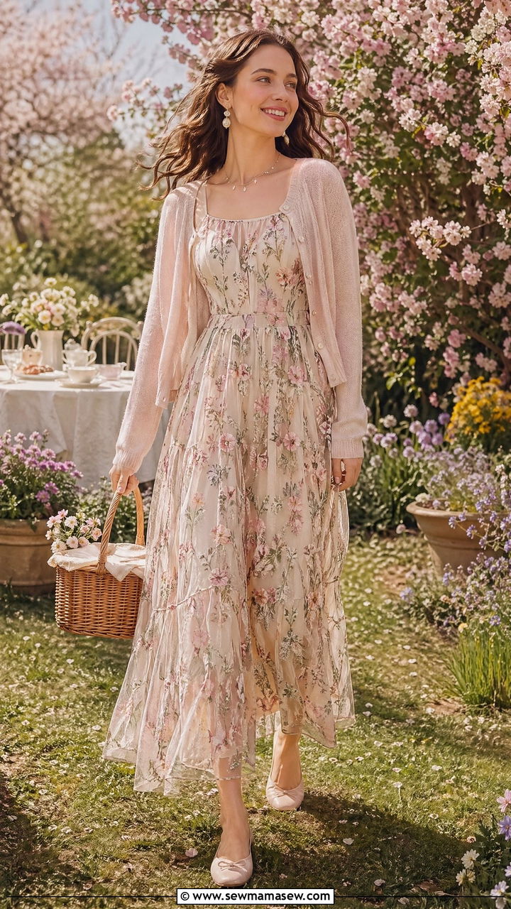 Whimsical Maxi Dress with Light Cardigan - 35 What to wear for a spring picnic