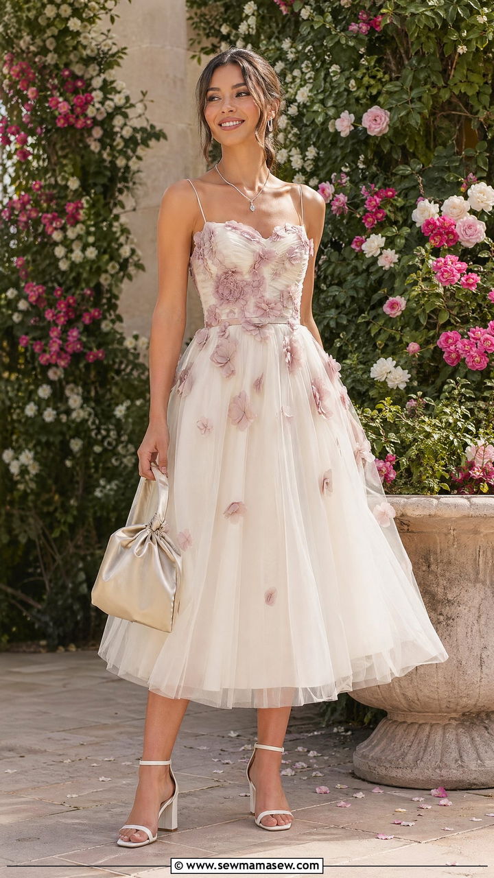 Whimsical Tulle Dress with Rose Applique - 35 chic wedding guest outfits for women