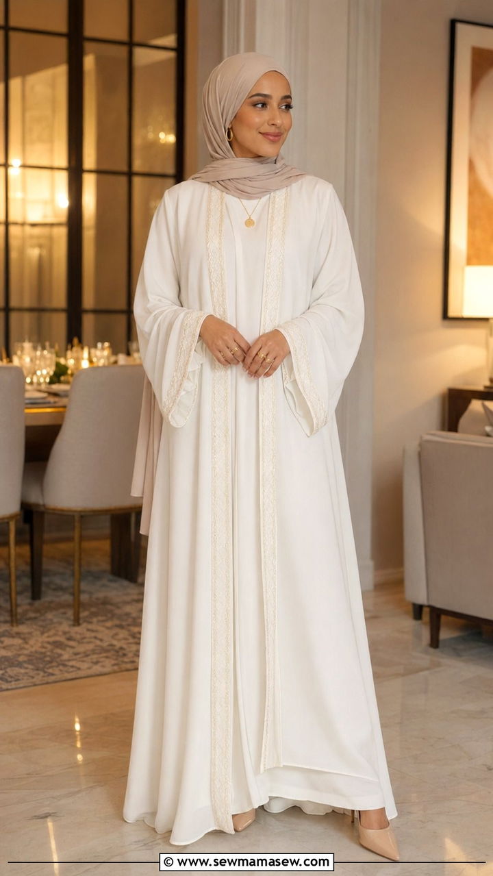 White Abaya With Gold Accessories And Nude Heels - 35 Ramadan outfit ideas for women