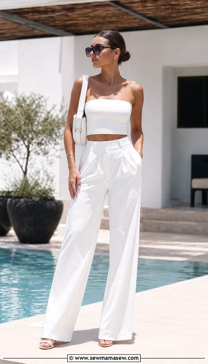 White Bandeau Top and White Wide Leg Trousers - 30 White outfit ideas for summer travel
