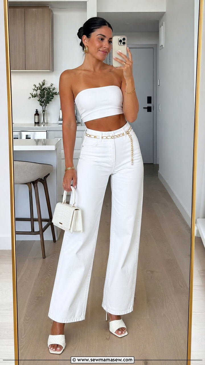 White Bandeau Top and Wide Leg Jeans Outfit - 35 summer all white outfit ideas
