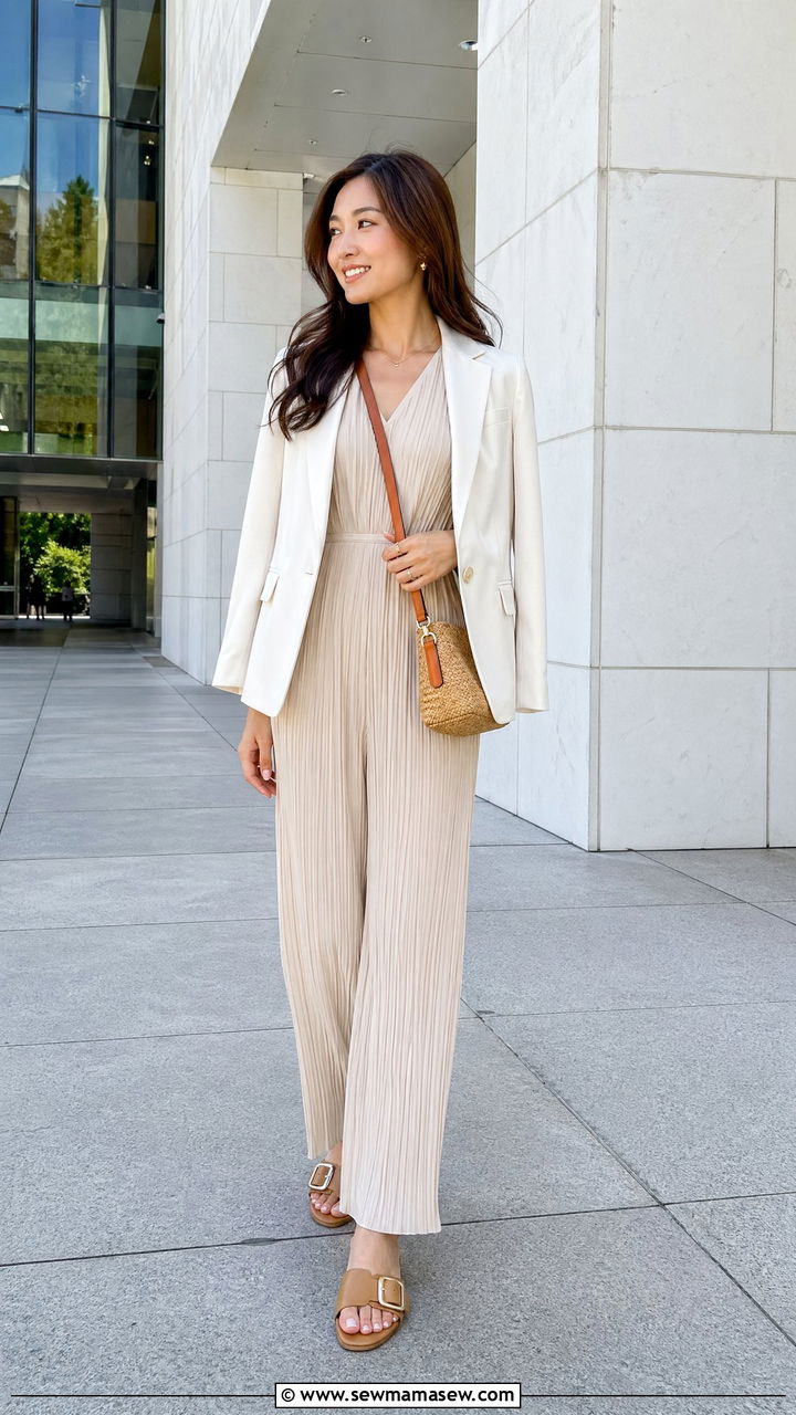White Blazer And Pleated Wide Leg Jumpsuit Outfit Spring Japan - 35 Spring Japan outfit ideas