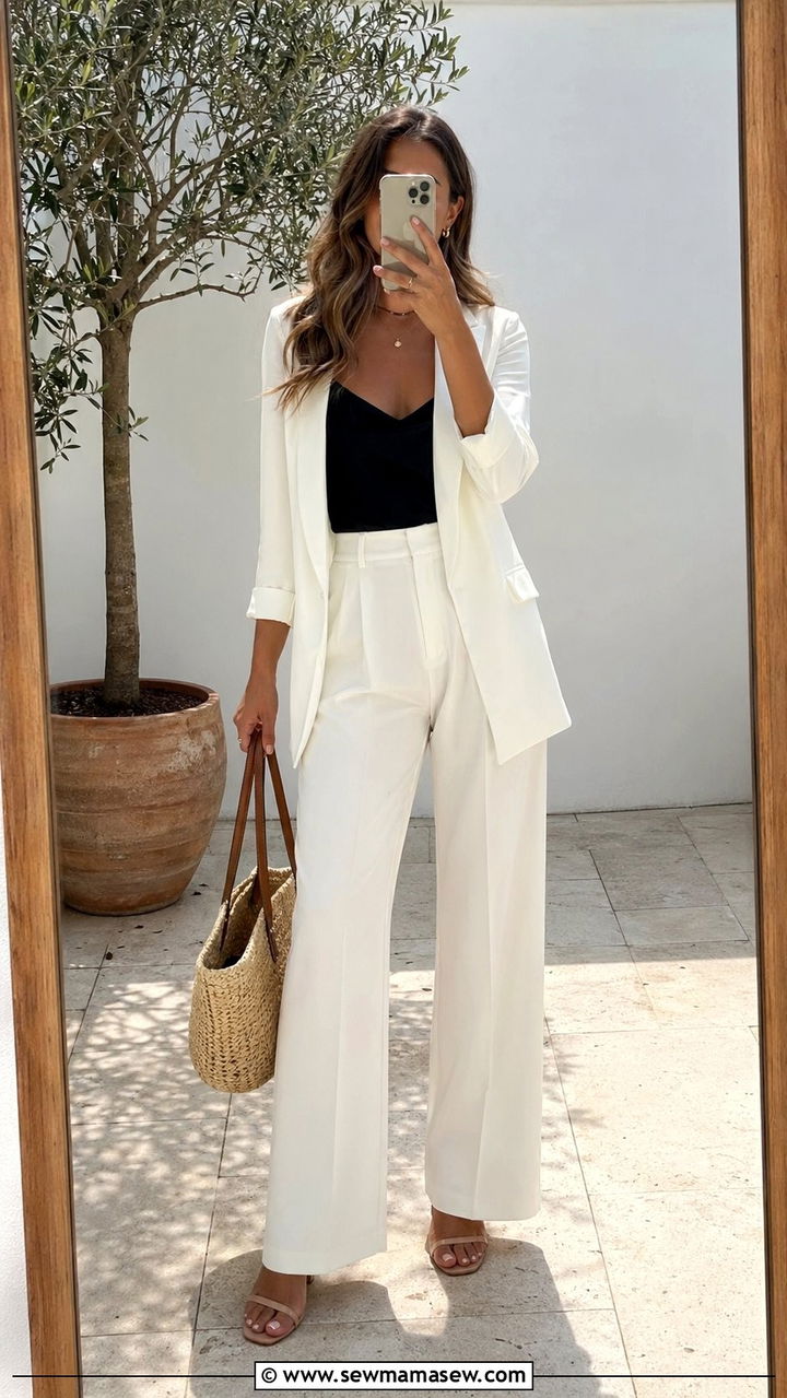 White Blazer and Wide Leg Pants Summer Look - 30 Blazer and pants matching set outfit ideas