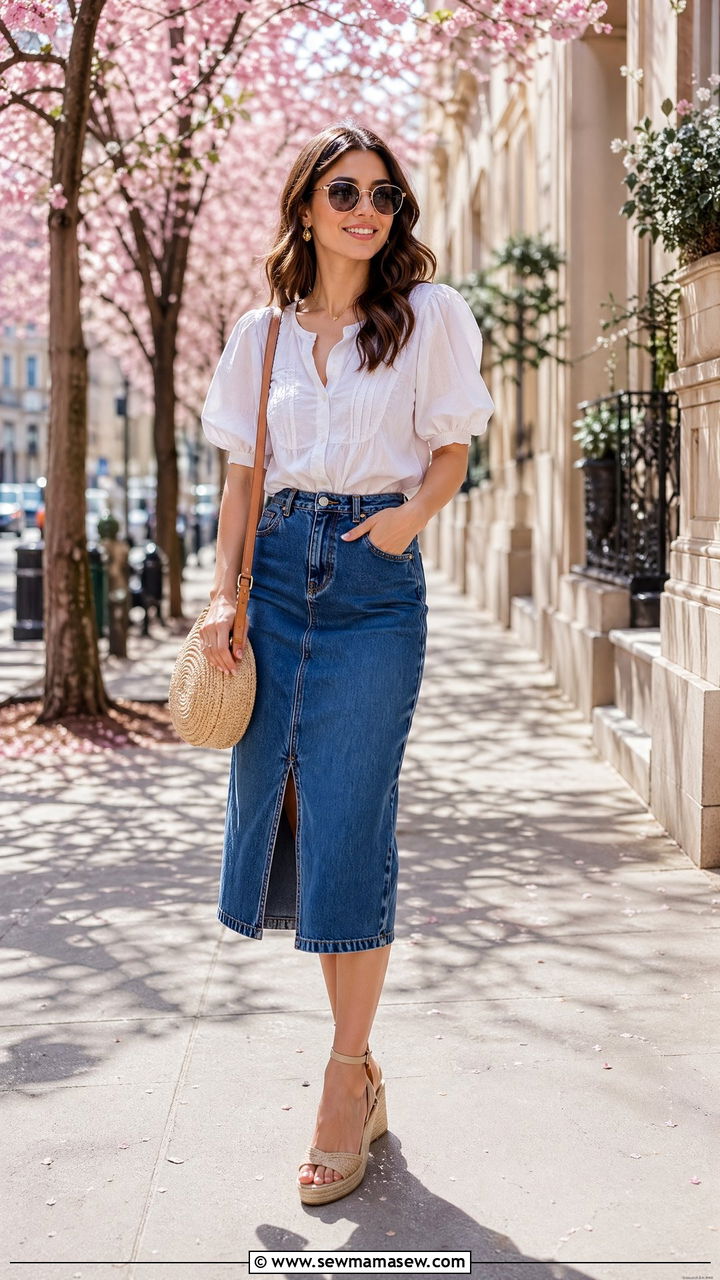 White Blouse And Denim Midi Skirt - 35 spring everyday outfit ideas