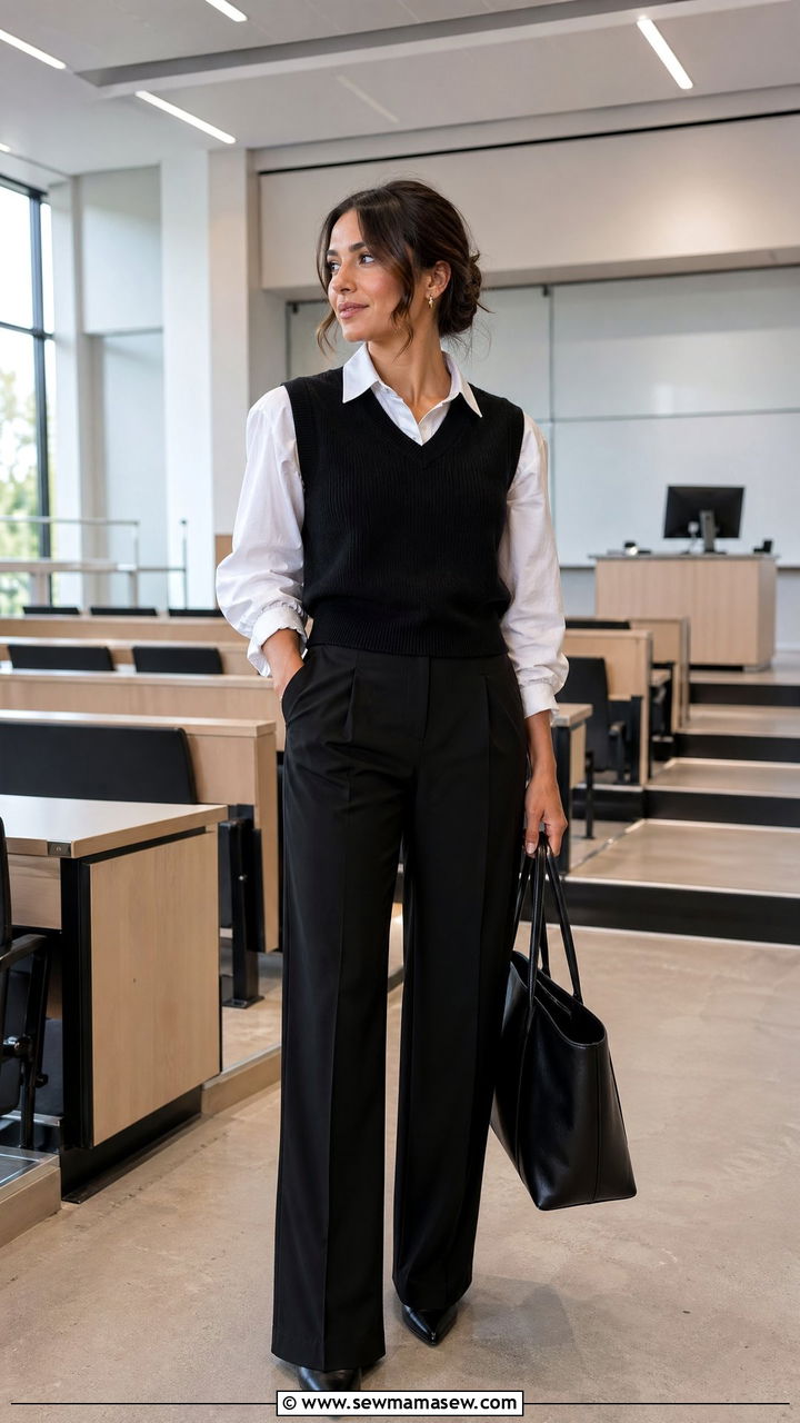 White Blouse With Black Vest Top And Black Suit Pants - 35 College professor outfit ideas