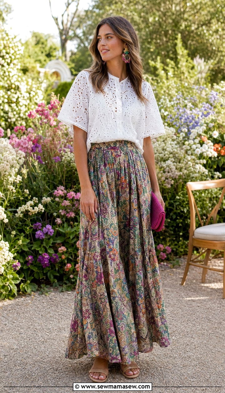 White Blouse and Flowy Maxi Skirt with Sandals - 35 Outdoor wedding guest outfit ideas