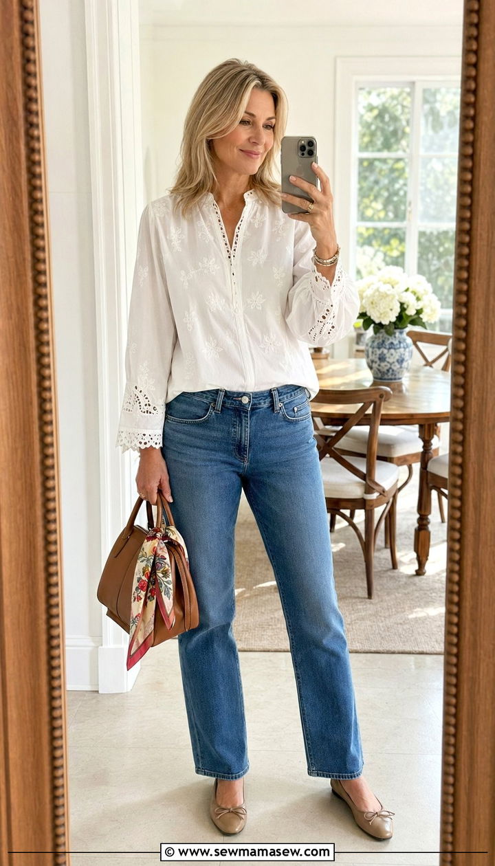 White Blouse and Straight Leg Jeans - 30 What to wear to brunch over 40