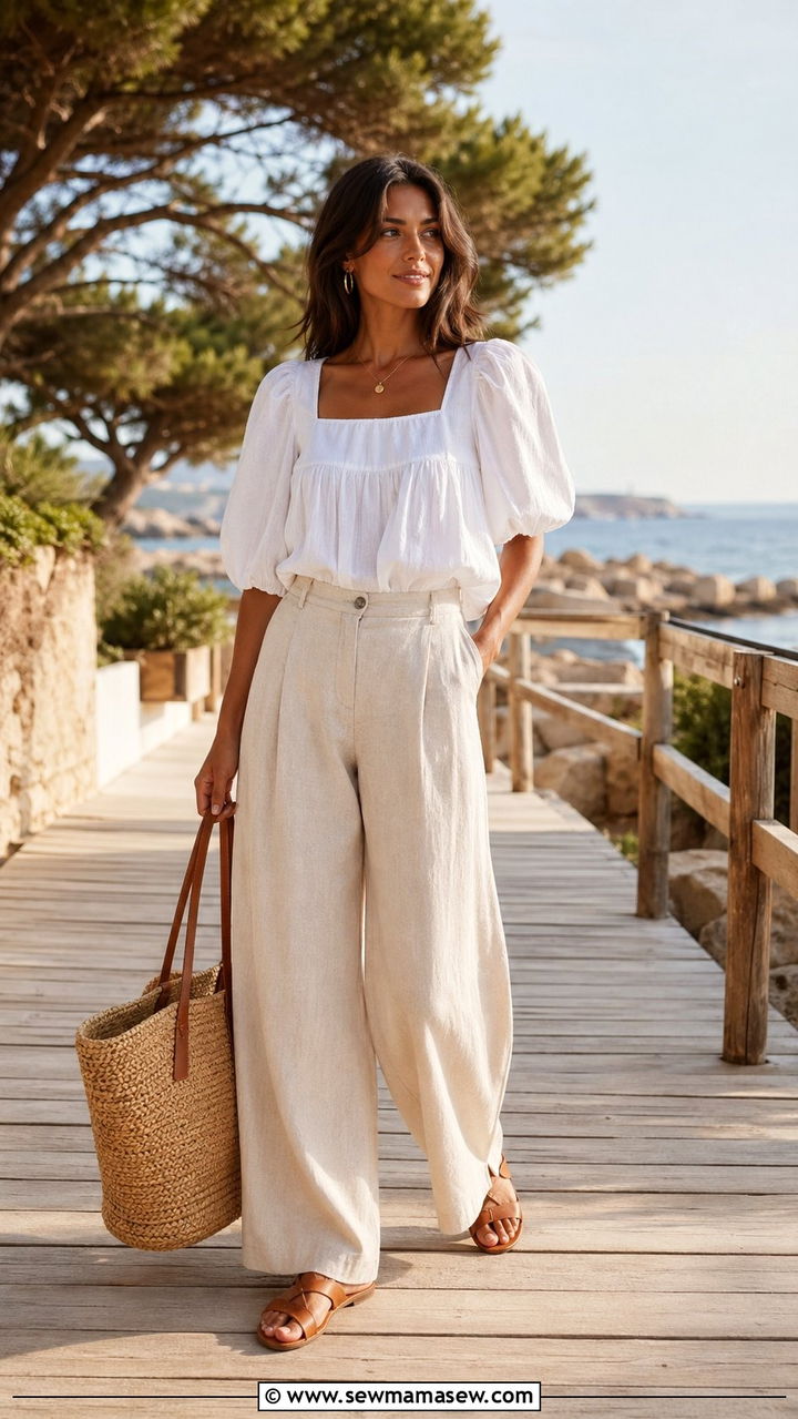 White Blouse with Beige Linen Pants - 30 Beige and white outfit ideas