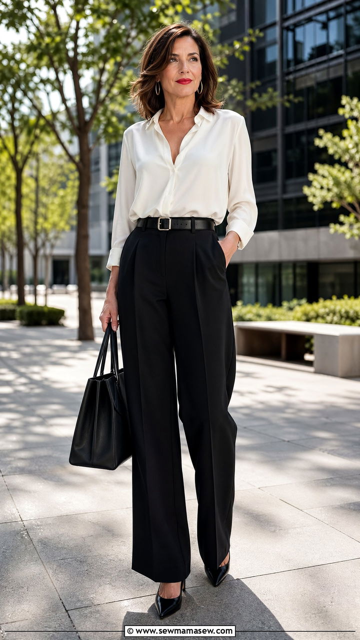 White Blouse with Black Wide Leg Trousers - 35 Work outfits for women over 40