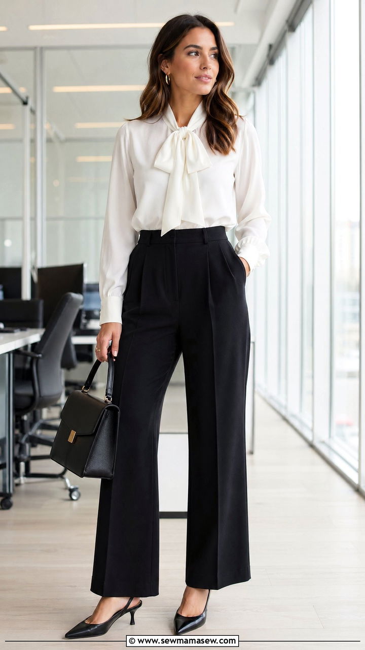 White Blouse with High Waisted Black Trousers - 35 what to wear to the office