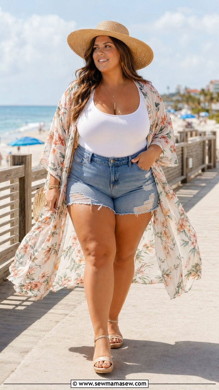 White Bodysuit Denim Shorts Kimono Plus Size - 35 Plus size outfit ideas size 22 summer