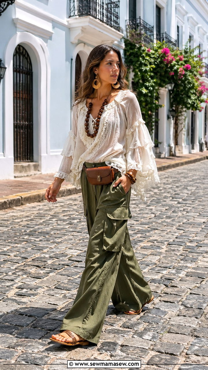 White Boho Blouse With Olive Cargo Pants - 30 Spring boho outfits 2026