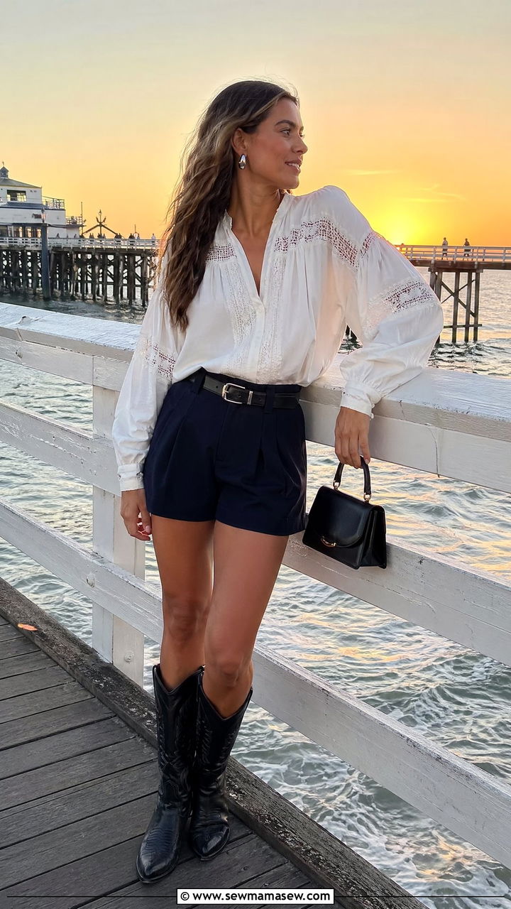 White Boho Blouse and Navy Shorts With Black Cowboy Boots - 35 coastal cowgirl outfits