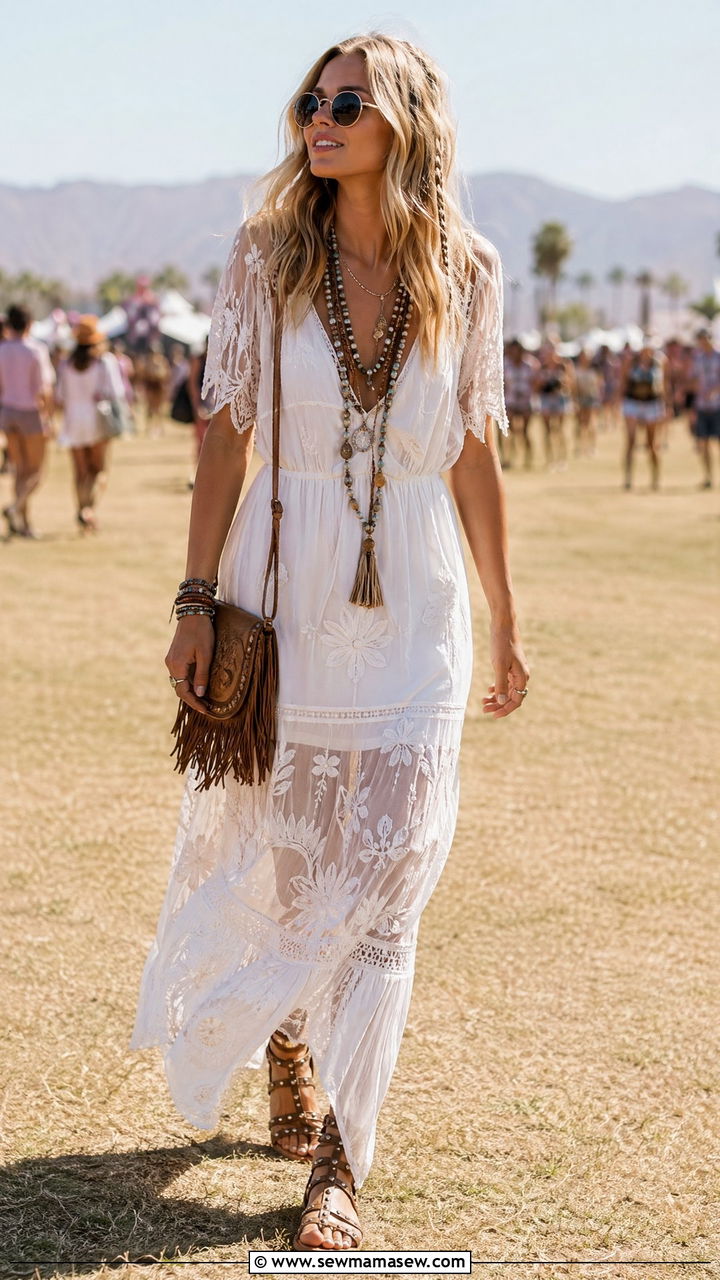 White Boho Dress with Gladiator Sandals and Layered Jewelry - 35 white dress outfit ideas