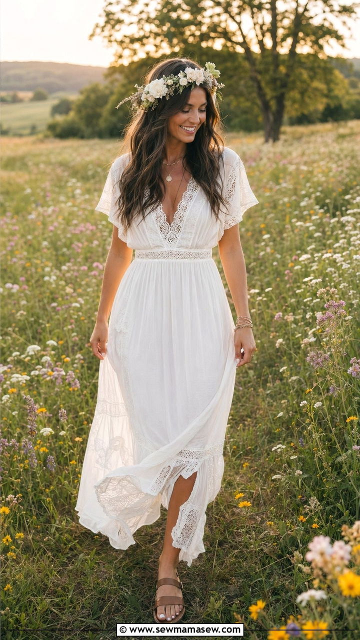 White Boho Maxi Dress With Flower Crown - 30 White dress outfit ideas for wedding guest