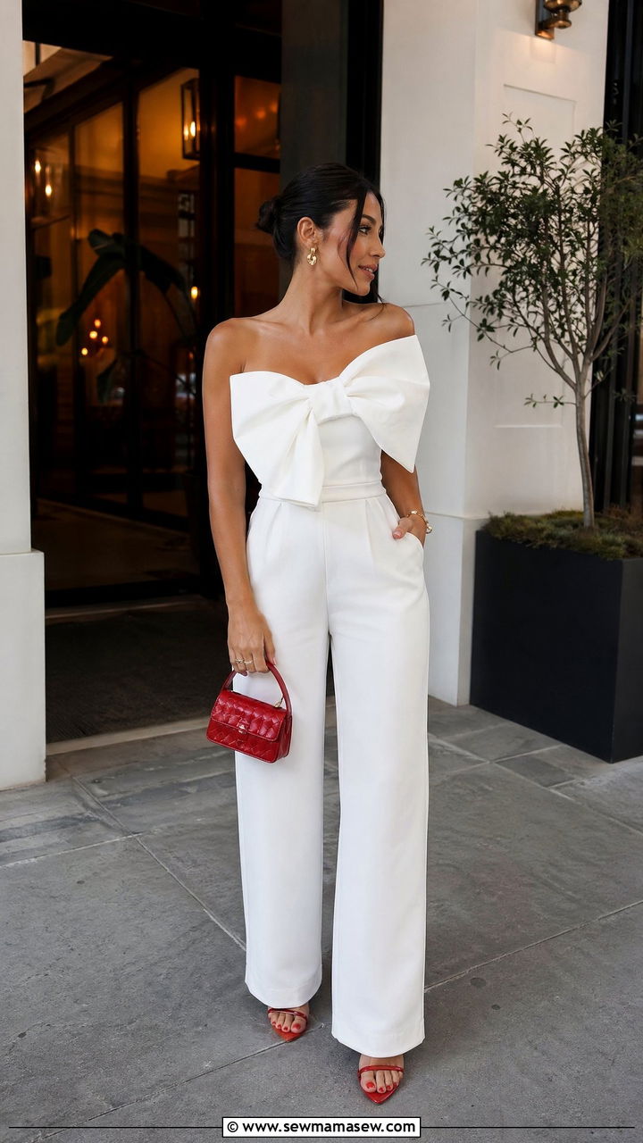 White Bow Jumpsuit with Red Heels - 35 summer birthday outfit ideas
