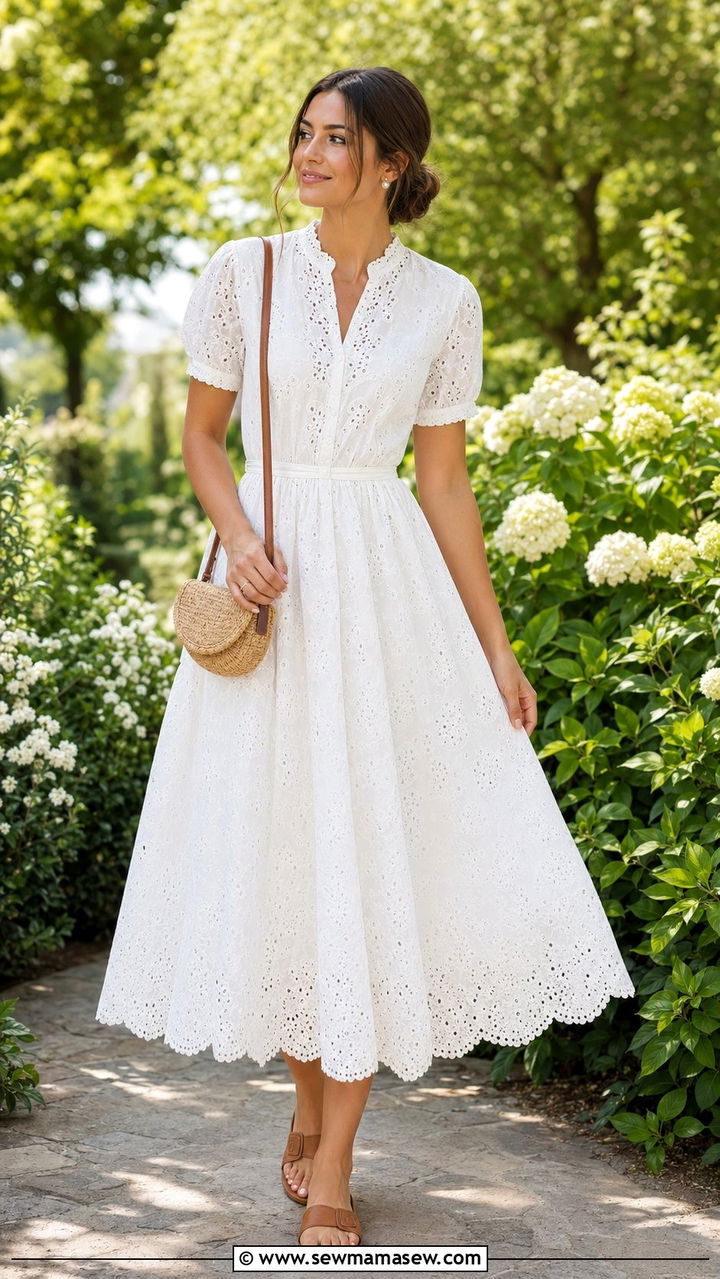 White Broderie Anglaise Midi Dress - 35 Quiet luxury outfit ideas summer 2026