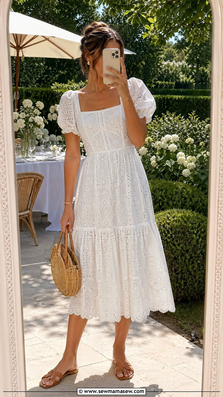 White Broderie Dress With Tan Sandals - 35 summer garden party outfit ideas