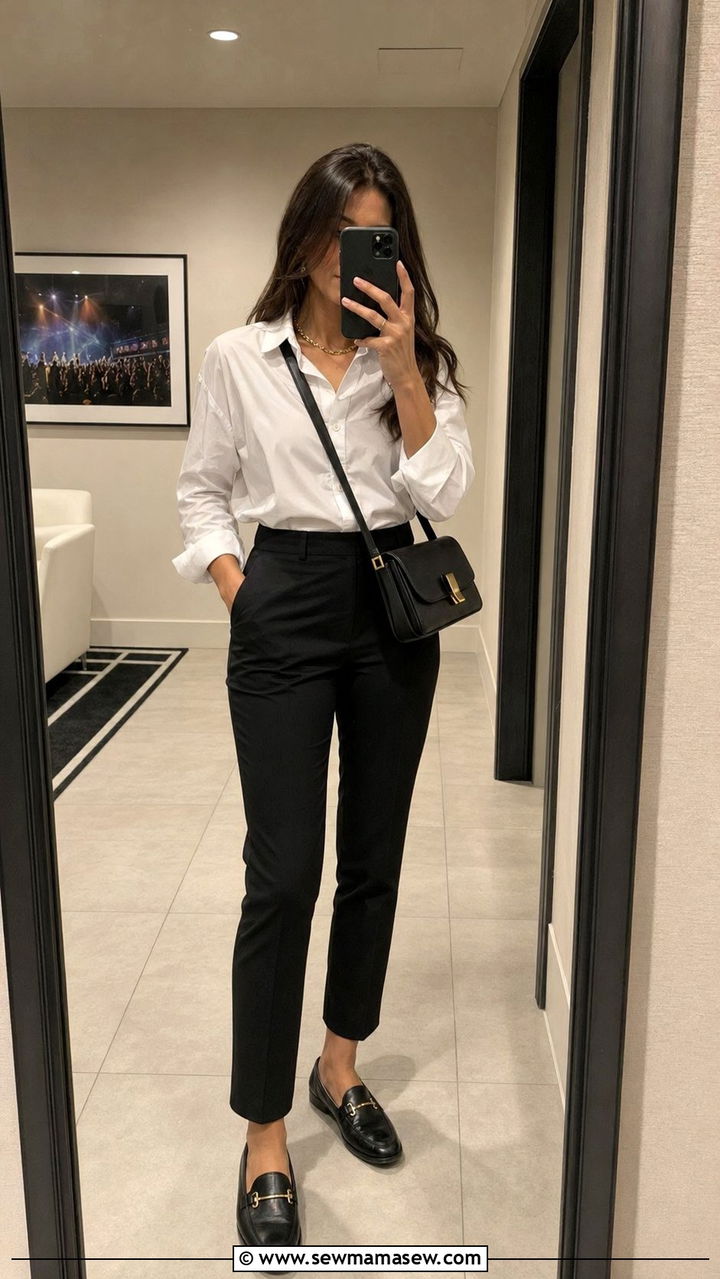 White Button Down And Black Trousers For A Concert - 30 What to wear to a concert over 40