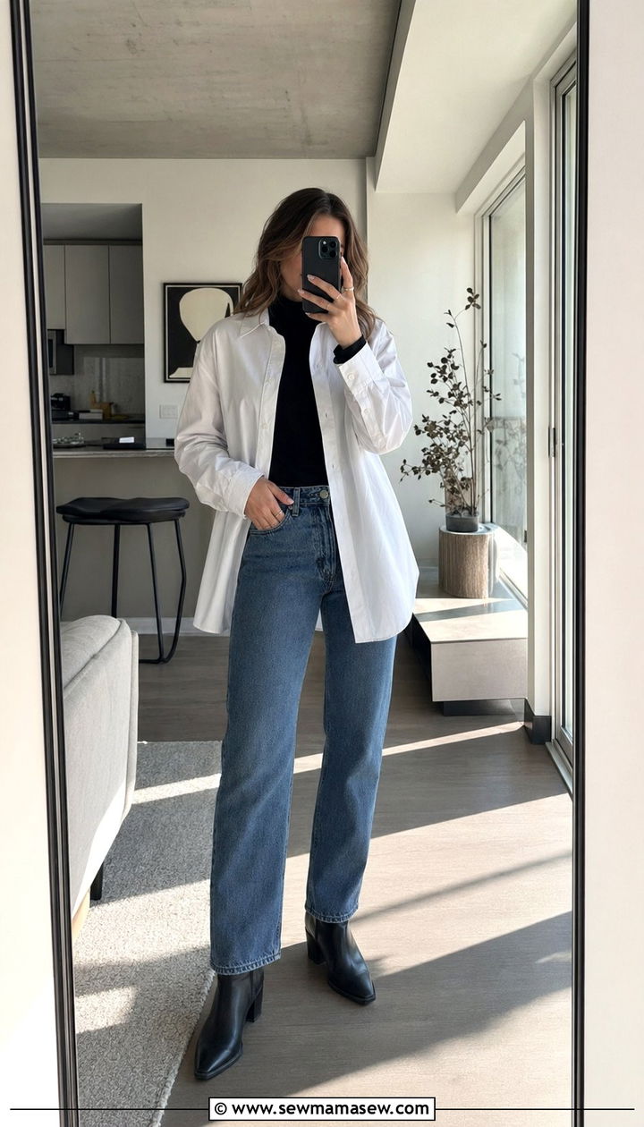 White Button Down Layered Over Turtleneck Spring Capsule Outfit - 30 10 piece spring capsule wardrobe