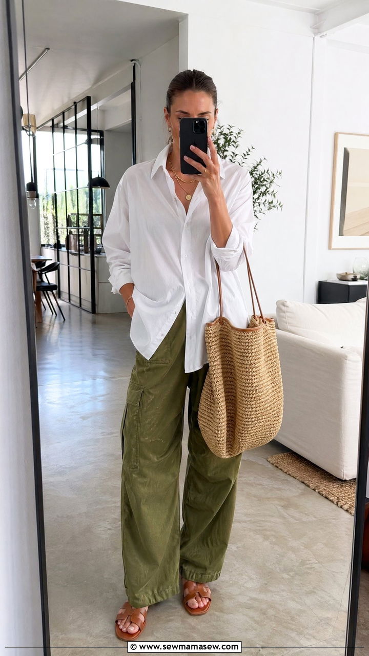 White Button Down Shirt Cargo Pants And Flat Sandals - 35 spring street style outfit ideas