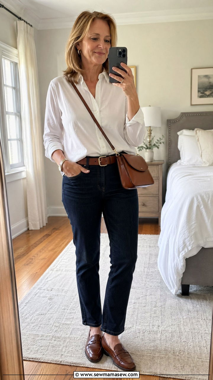 White Button Down Shirt With Dark Jeans And Loafers - 35 Classy outfits for women over 50