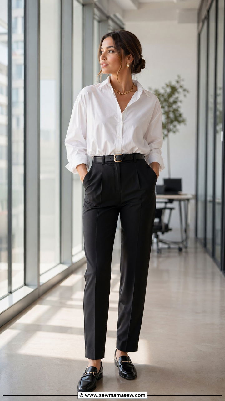 White Button Down Shirt With High Waist Black Trousers - 35 Clean girl outfits 2026