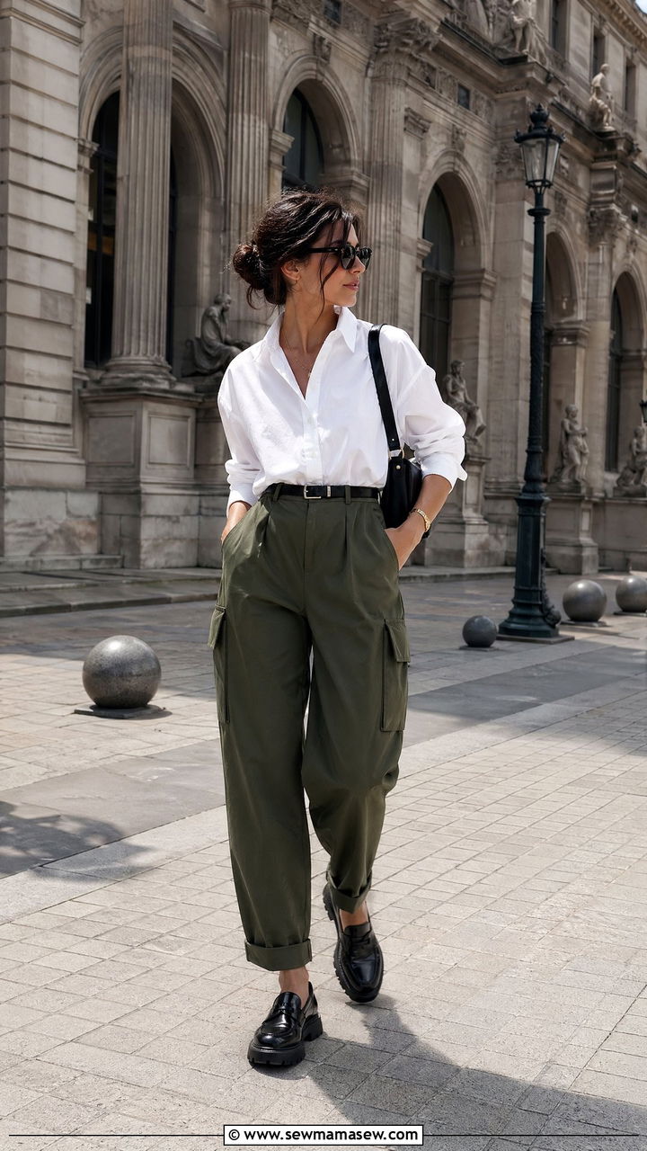 White Button Down Shirt With High Waisted Cargo Pants And Loafers - 35 spring french girl outfits
