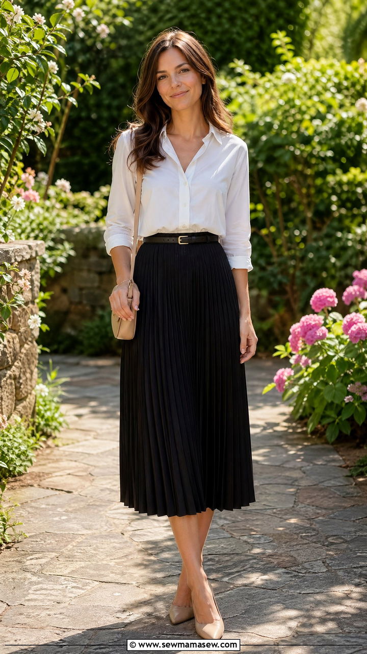 White Button Down Shirt With High Waisted Pleated Midi Skirt - 35 classy elegant outfits