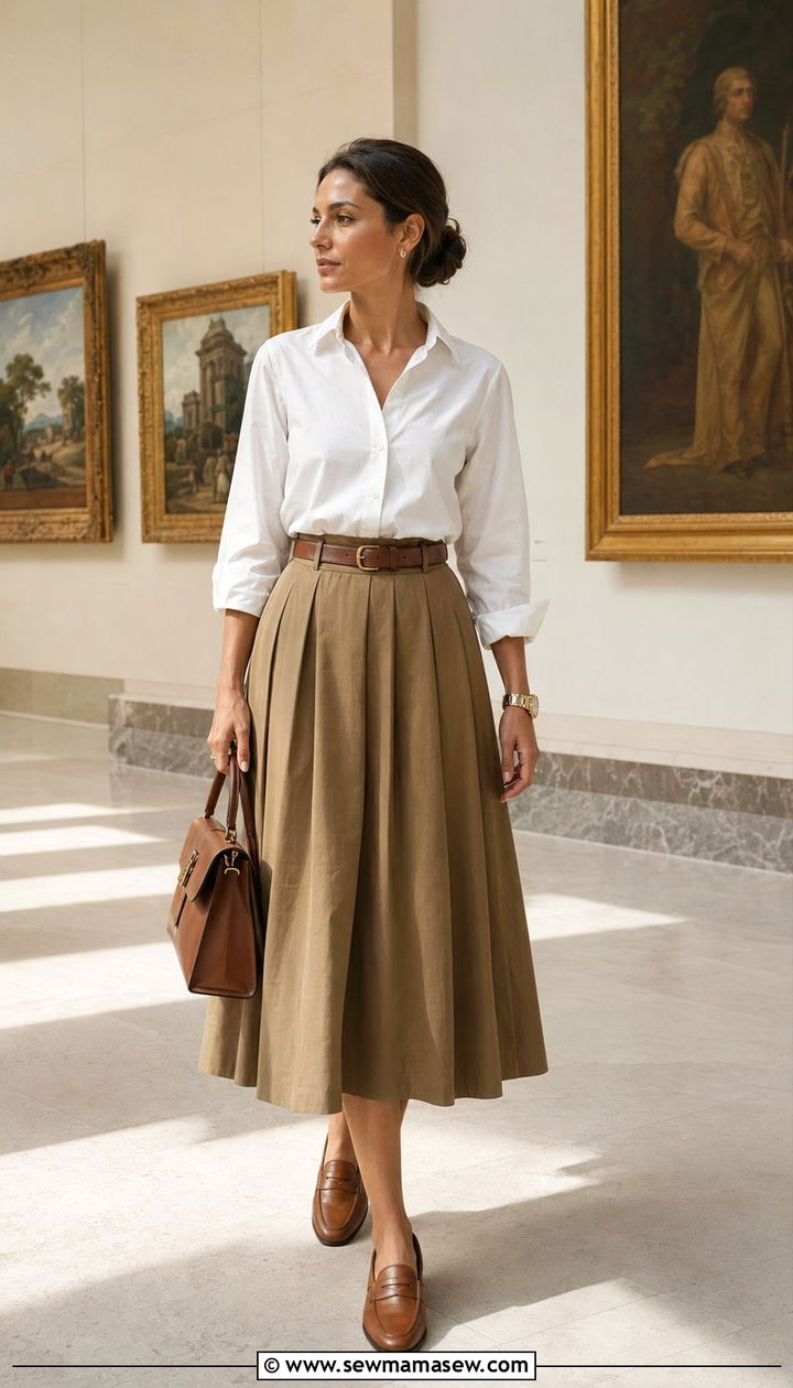 White Button Down Shirt With Khaki Pleated Midi Skirt and Loafers - 35 Old money outfit ideas for women over 50