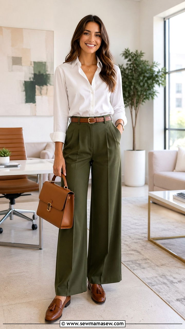 White Button Down Shirt With Olive Trousers - 30 Second round interview outfits