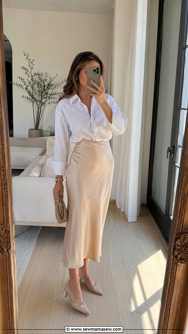White Button Down Shirt With Silk Skirt - 35 classy quiet luxury outfits