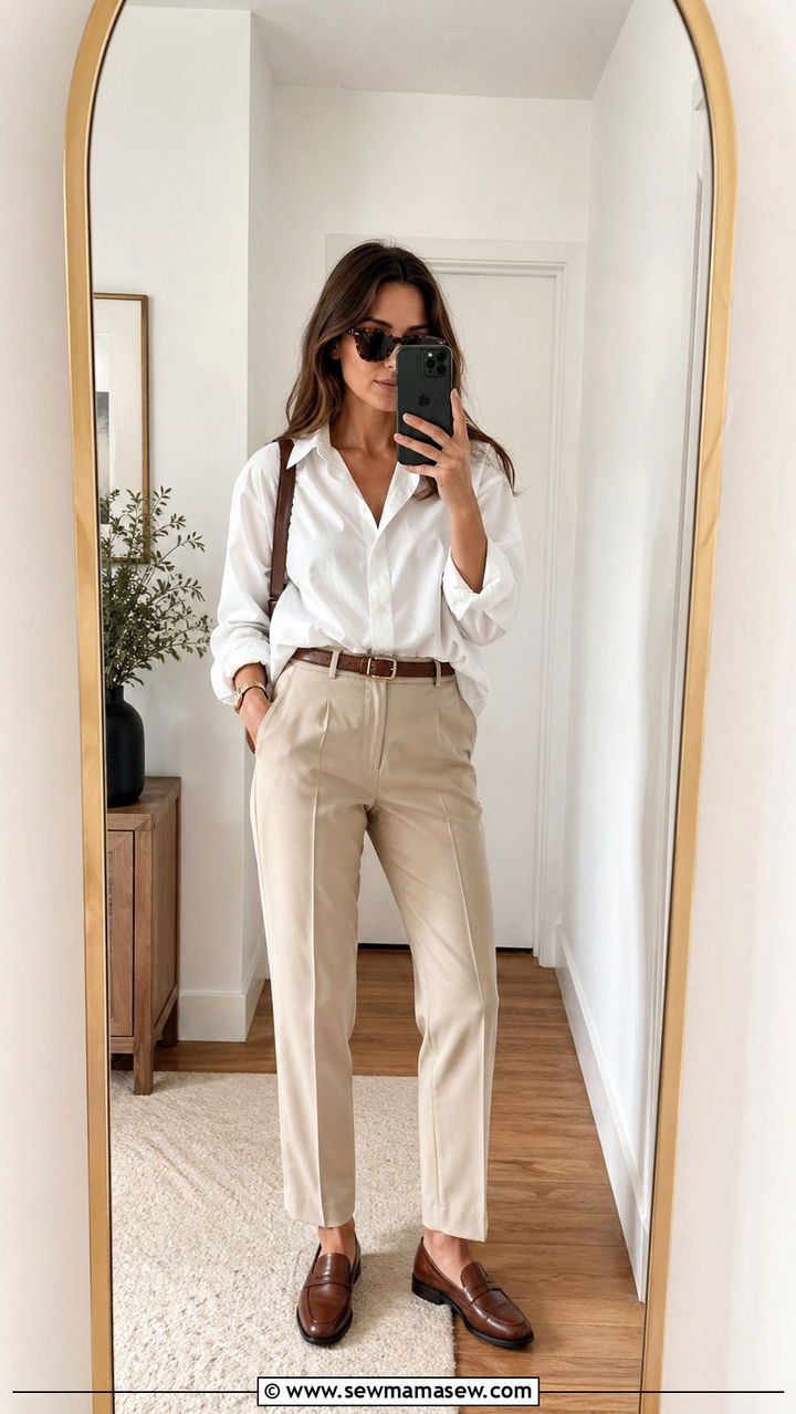 White Button Down Shirt With Tailored Trousers And Loafers - 30 Spring closet must haves