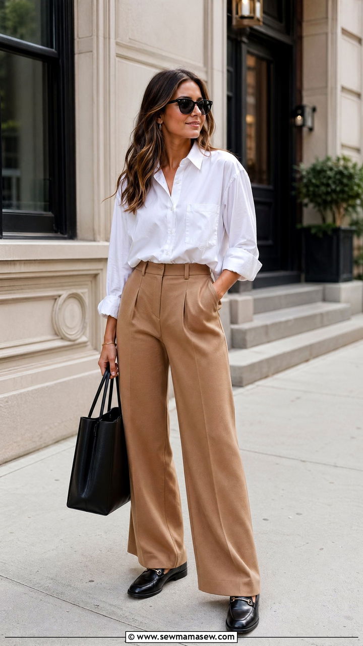 White Button Down Shirt With Wide Leg Trousers and Loafers - 35 Summer to fall transition outfits
