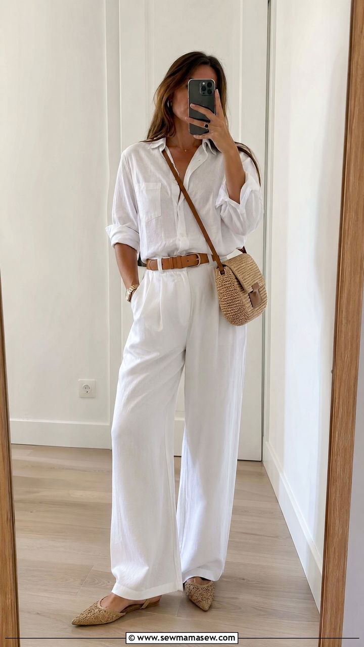 White Button Down Shirt and Relaxed Trousers - 35 summer all white outfit ideas