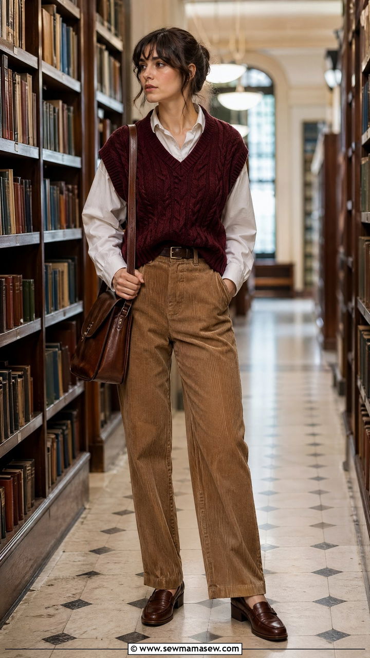 White Button Down Shirt and Sweater Vest with Corduroy Trousers - 35 dark academia outfits