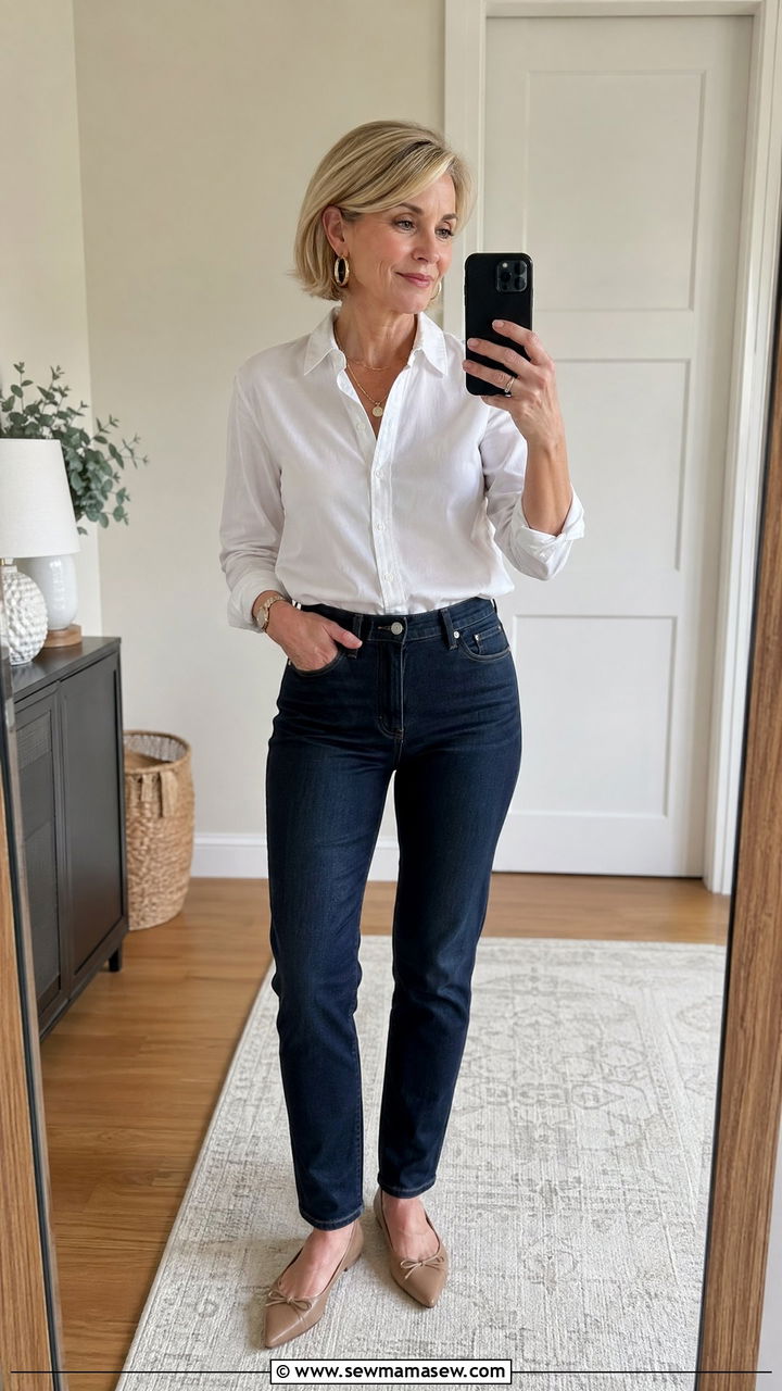 White Button Down Shirt with Dark Jeans and Ballet Flats - 35 Classy outfit ideas for women over 50