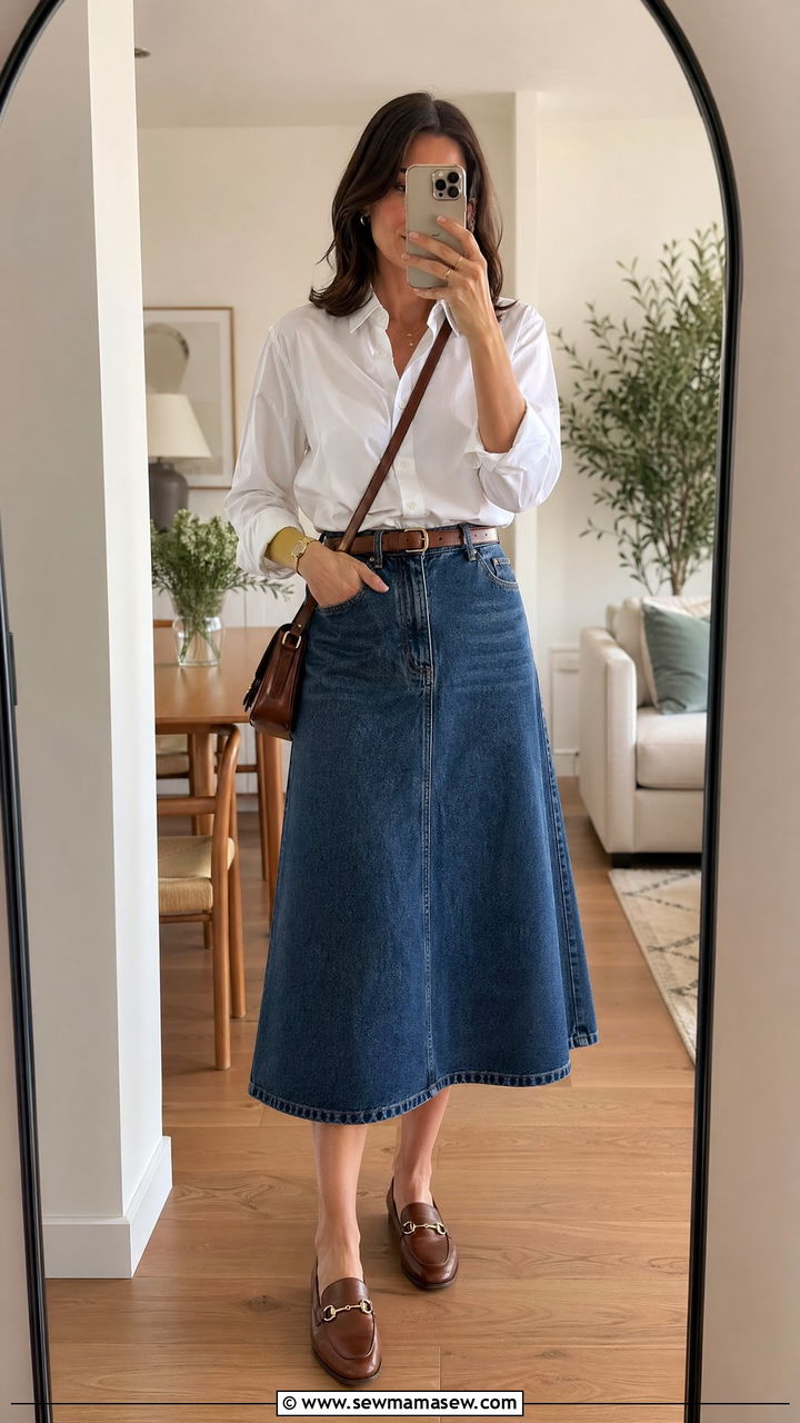 White Button Down Shirt with Denim Midi Skirt and Loafers - 35 classy spring to summer outfits