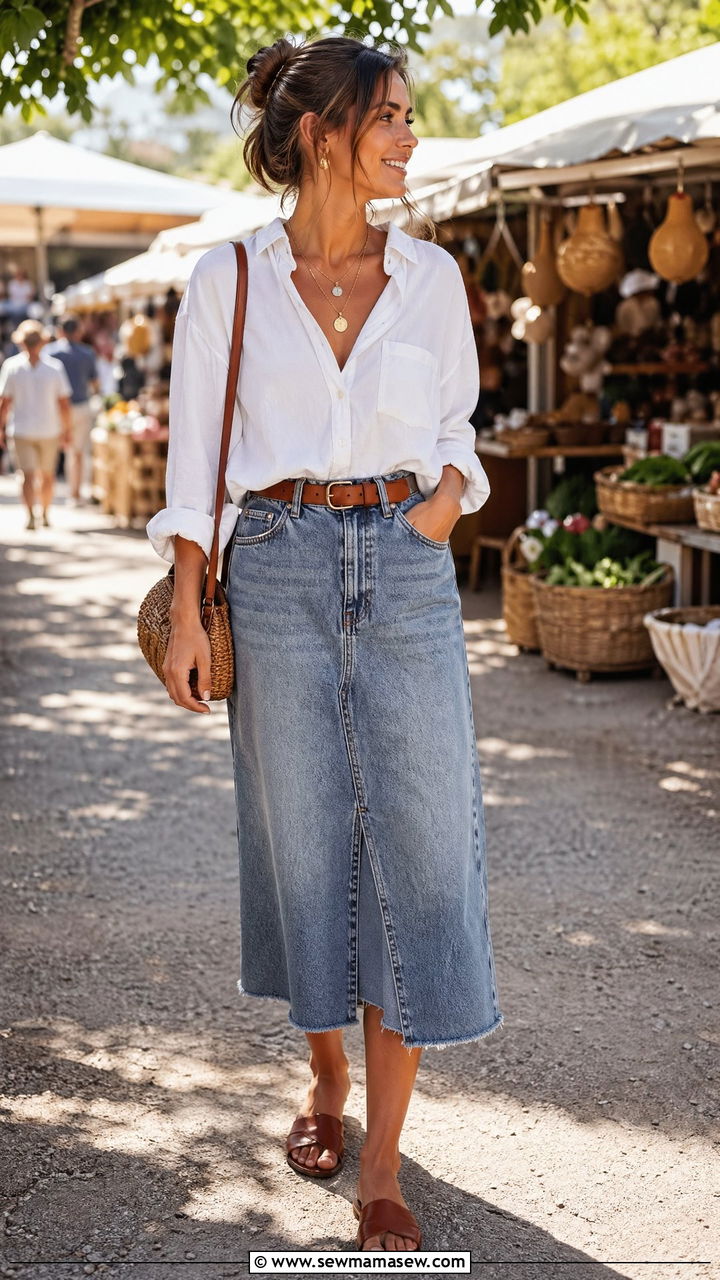 White Button Down Shirt with Denim Skirt Outfit - 35 clean girl outfits for women