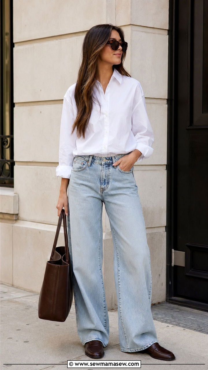 White Button Down Shirt with Light Wash Baggy Jeans and Loafers - 30 Baggy jeans outfit ideas with a button down